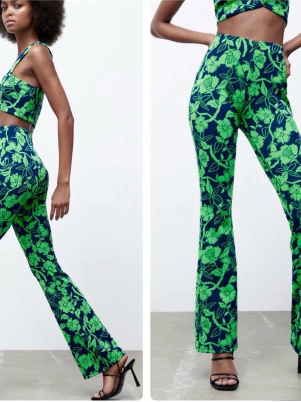 Zara Neon Green Floral Boot-Cut Pants